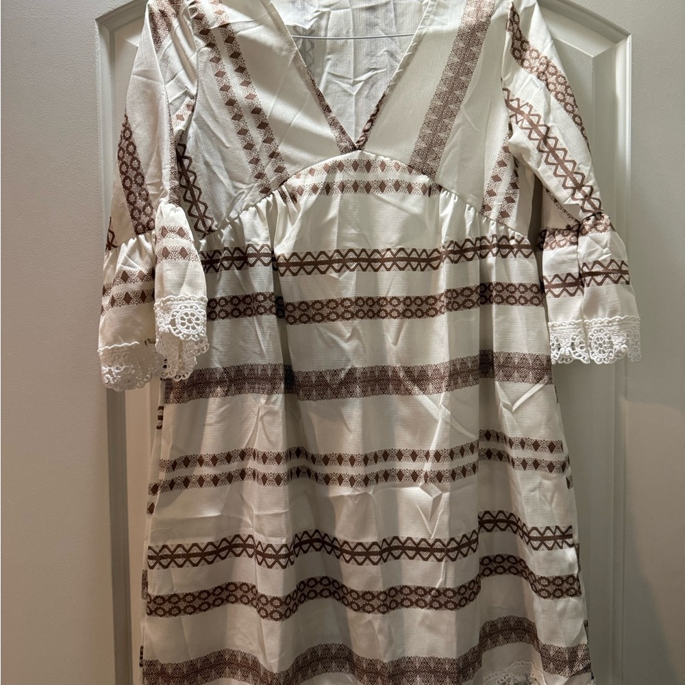 Women’s Cream Midi Dress with Brown Stripe Pattern